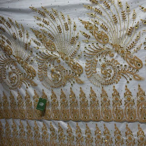 Tissu en dentelle africaine de luxe fait main avec des perles, broderie de perles, paillettes pour mariage - Product Image 1