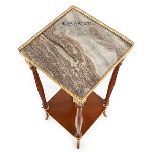 Table d'appoint carrée haute de luxe en acajou avec plateau en marbre blanc et accents en laiton doré orné pour une décoration d'angle classique de la maison - Product Image 6