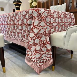 Red, <b>White</b> Floral Indian Hand Block Printed Rectangle <b>Tablecloth</b>, Cotton Table Cover, Housewarming Gift <b>Tablecloth</b>, Boho Wedding - Product Image 4