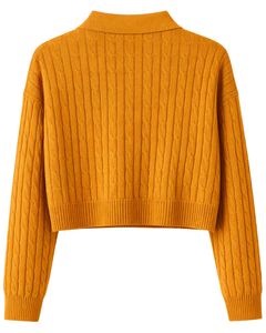 Suéter Corto de Punto Trenzado Color Amarillo Mostaza Personalizado para Mujer, Manga Larga, Cuello con Botones, Dobladillo Acanalado, Prenda de Punto Informal para Invierno - Product Image 2
