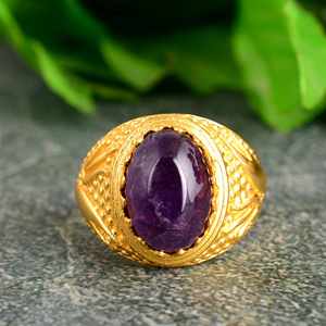 Hot Selling Amethyst Gemstone Brass <b>Ring</b> in 925 Sterling Solid <b>Silver</b> Plated and Gold Plated Beautiful Cabochon <b>Stone</b> <b>Ring</b> - Product Image 1