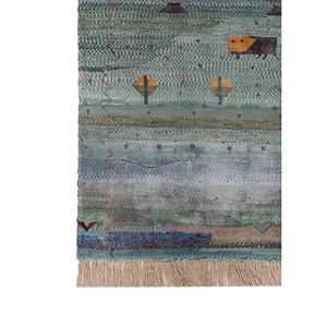 Alfombra Freedom Manchaha de Lana y Seda de Bambú con Patrón Geométrico Azul, Anudada a Mano, para Decoración de Sala de Estar - Les-8384 - Product Image 4