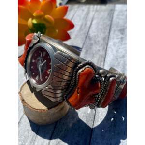 Vintage Southwest Style Natural <b>Red</b> Coral & Sterling Silver Cuff Watch <b>Bracelet</b> Fashionable Cuff <b>Bracelets</b> - Product Image 5