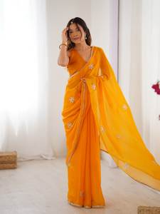 NUEVO SAREE ATRACTIVO DE COLOR AMARILLO, IDEAL PARA FIESTAS Y EVENTOS, CON BLUSA SIN COSTURAR - Product Image 3