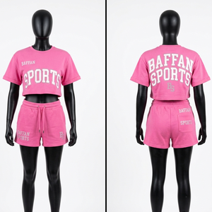 Premium cotton fleece 220 GSM crop <b>top</b> and shorts set soft pink fabric custom <b>rhinestone</b> logo Shorts Set - Product Image 1