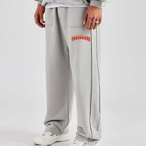 Pantalon de survêtement ample à jambes larges, léger, à la mode, avec logo personnalisé, panneaux latéraux, 100% coton, taille élastique lavée - Product Image 4
