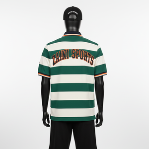 Polo en coton pour homme 220 GSM Tissu durable Rayures vertes et blanches Panneaux Logo brodé personnalisé Polo pour homme - Product Image 2