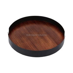 Plateau de service de nourriture en bois de forme ronde de nouveau style avec poignées en métal noir plateaux d'appareils de cuisine polyvalents - Product Image 6