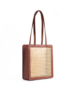 High Fashion Brown Tall Rattan <b>Handbag</b> New Arrival Wholesale Beach Bag with Two Handles Zipper Closure and PVC Lining - Product Image 3