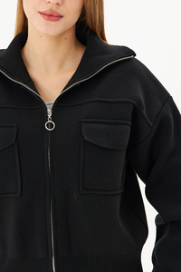 Manteau court décontracté pour femmes tricot à glissière en acier tricot manteau quotidien confortable avec col à capuche haut élégant confort assaisonné - Product Image 3