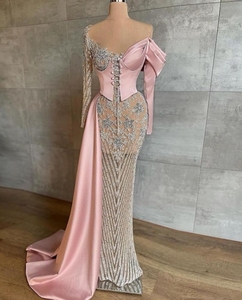 Vestido de noche ajustado acampanado para mujer de otoño bordado detalle de perlas diseño recortado con cuentas para cenas vestido para la fiesta - Product Image 5