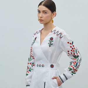 2025 blusa informal ucraniana/Top impresionante bordado bohemio manga larga ancha cuello en V alto tejido ecológico bajo precio de fábrica - Product Image 1