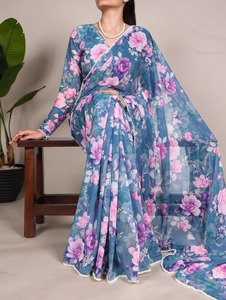 Sofisty Silky Saree น้ำหนักพิมพ์ลายหินอ่อนที่มีขอบมุกลูกไม้เป็นทางการพร้อมสวมใส่ - Product Image 4