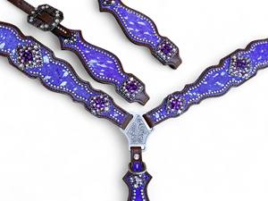 Ensemble de serre-tête et de collier de poitrine en cuir de vachette violet: Lavage à l'acide métallique argenté - Product Image 6