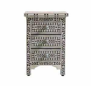 Indian Handmade Floral Bone Inlay Mother of Pearl Inlaid 3 <b>Drawer</b> <b>Side</b> <b>Table</b> Bedroom Living Room Furniture - Product Image 1