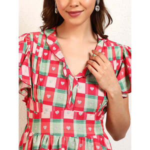 Deebaco Robe pour femme coupe évasée à carreaux, col en V, manches à volants, longueur genou, avec ourlet évasé à plusieurs niveaux, décontractée pour l'été - Product Image 2