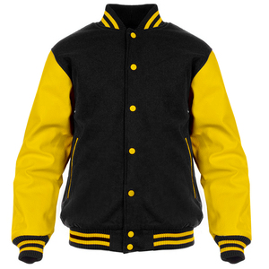 Custom Vintage College Varsity Jacket with Black Wool Body and Gold Real Leather Sleeves CollegeBaseballjacket for men - Product Image 1