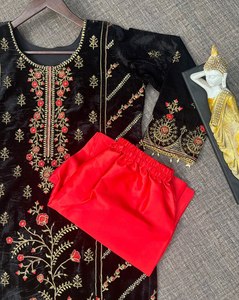 Costume de travail brodé en velours de viscose lourd avec motif floral mariée Salvarkamiz tenue de fête prix de gros séquence de cordon - Product Image 6