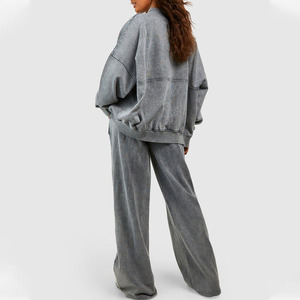 Women Winter Acid Wash French Terry Blank Rhinestone Baggy Sweat Suit Crew Neck Drawstring Two Piece <b>Set</b> Oversized Tracksuit - Product Image 2