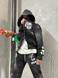 Ensembles pantalons de survêtement et sweat à capuche évasés avec logo personnalisé OEM pour hommes 400 500 gsm oversize visage intégral zippé avec impression bouffante vintage délavé à l'acide pour hommes - Product Image 3
