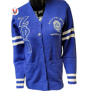 Cárdigans Acrílicos Bordados de la Hermandad Zeta Phi Beta para Mujer |   Suéter Cárdigan de Lana Bordado Personalizado para Mujer de la Hermandad ZPB - Product Image 1