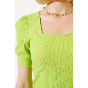 Chemisier vert à col carré pour femmes décontracté à carreaux motif solide tailles XL 4XL brodé long court été haut court demi boutons - Product Image 4