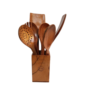 Ensemble de cuillères en bois d'acacia et de teck faites à la main avec support Vaisselle naturelle durable Logo de marque personnalisé Fabriqué en Inde - Product Image 1