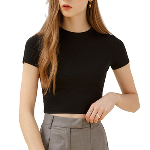 เสื้อยืดครอปเข้ารูปสำหรับผู้หญิงเสื้อครอปผ้าคอตตอนโพลีเอสเตอร์สีพื้นสำหรับฤดูร้อน - Product Image 1