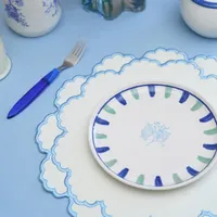 Set de table rectangulaire en coton blanc fait main avec bordure bleue festonnée, broderie personnalisée, écologique, décoration de table à manger