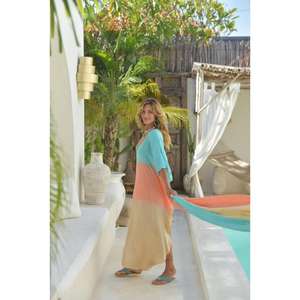 <b>Women</b> Eco-Friendly Ombre Kaftan Maxi Dress V Neck Batwing Sleeve Natural Waistline Beach Cover up Summer Resort Wear - Product Image 4