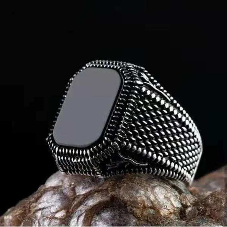 Turkish Jewelry Black Ring Men Light-weight 6g Real 925 Sterling Silver Mens Rings Natural Agate Stone Vintage Cool Fashion/