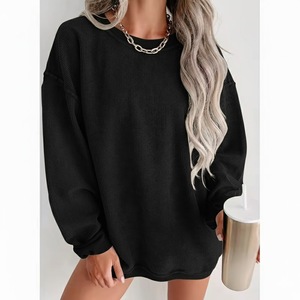 Sweat-shirt décontracté pour femme, col rond, manches longues, ample, en tricot côtelé uni, avec logo personnalisé, hiver 2025, délavé - Product Image 1