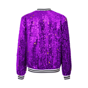 Venta al por mayor de punto transpirable 100% poliéster lentejuelas Mujer manga larga cremallera sólido brillante chaqueta de moda - Product Image 4
