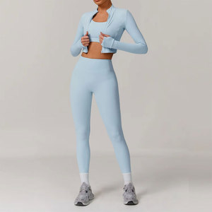 <b>Women</b> 3 Piece Yoga Set Light Blue Quarter-Zip <b>Crop</b> Top High Waist Full Length <b>Leggings</b> Seamless Spandex Polyester Sweat-Wicking - Product Image 1