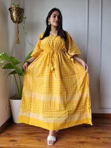 Fait sur mesure écologique lâche naturel été Chic coton imprimé court caftan-v-cou robe avec cravate à la taille réglable - Product Image 6