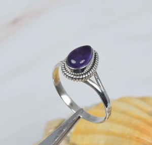 Anillo de piedras preciosas de Plata de Ley 925 hecho a mano, amatista púrpura, forma de pera, joyería clásica de moda de 18K, piedra natal cristiana de febrero - Product Image 1