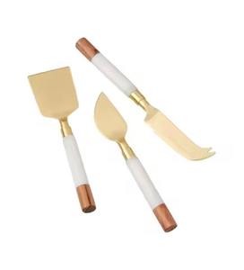 <b>White</b> Wooden Handle Cheese Knives Set With Gold Stainless Steel Spreader & Knives Stylish - Product Image 4