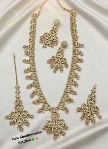 Wholesale New Vintage <b>Copper</b> Gold Plated Kundan Jewelry Set Long Mala Bridal <b>Necklace</b> Earrings Maang Tikka for Wedding Party - Product Image 2