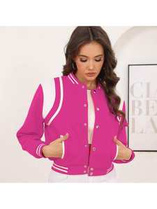 Chaquetas de Béisbol Cortas de Punto con Bordado Estilo Universitario Rosa Intenso para Mujer, Dos Tonos, Moda Urbana, Tendencia - Product Image 5