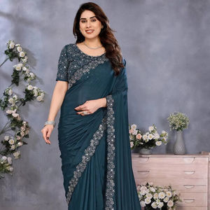 Femmes nouveau Style Bollywood Georgette plein Saree paillettes lourdes broderie travail vêtements traditionnels pour les fêtes vente en ligne hiver - Product Image 1