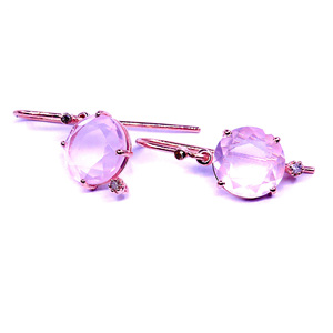 Boucles d'oreilles traditionnelles en or rose 14 carats en quartz rose, abordables, bon marché, avec diamants pour femmes. - Product Image 3