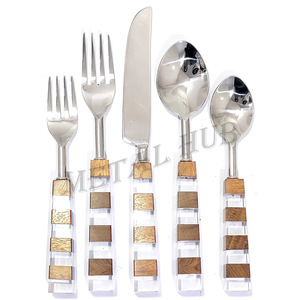 New Arrival Wedding Mirror Silverware Cutlery Set 5PCS Spoon Knife Fork with Stone Pattern <strong>Handle</strong> for Back to School - Product Image 1