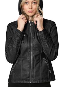 Chaqueta de cuero PU para mujer, abrigo con cremallera, chaqueta de cuero con capucha extraíble de otoño, chaqueta de motocicleta informal de Color camello de manga larga - Product Image 5