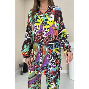 Conjunto de Camisa y Pantalones de Chifón con Estampado Digital Marrón, Estilo Casual, al por Mayor - Product Image 2