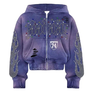 Wholesale Men's Rhinestone Zip Hoodie Custom Color & Logo Breathable Oversized Streetwear Rhinestone Sweatshirt - Product Image 2