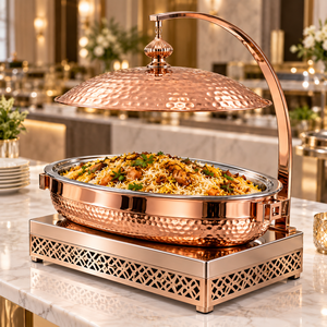 Plat à réchaud rond de luxe en acier inoxydable martelé, durable et écologique, avec couvercle suspendu, pour buffet et maintien au chaud des aliments - Product Image 4