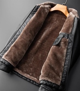 Business Casual Men Genuine Leather Varsity <b>Jacket</b> Stand Collar <b>Thick</b> Warm <b>Fleece</b> Breathable Hooded Vintage for Autumn - Product Image 3