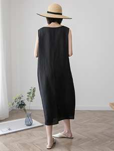 ชุดเดรสมิดิวินเทจของผู้หญิงชุดผ้าลินิน100% เข้ารูปคอแบบสั่งตัดได้ผ้าทอแขนกุดตรงแขนกุดผ้าทอลวดลายธรรมชาติที่ทันสมัย - Product Image 4