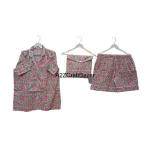 Ensemble de pyjama en coton pur 100 % fait main en Inde, robe de nuit à manches courtes, imprimé à la main, respirant, doux, décontracté, été - Product Image 6