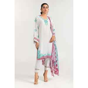 Conjunto de 2 piezas de salwar kameez de algodón blanco bordado con red Khadi y tela lawn, camisa suave cosida y dupatta para ropa étnica - Product Image 2